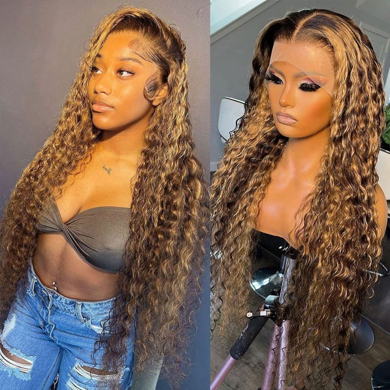 Daules Highlight Ombre 13x4 Deep Wave Lace Front Wig for Women 180 Density 427 Honey Blonde HD Lace Frontal Wigs Pre Plucked Deep Curly Frontal Wig Super Soft True to Lengh Deep Wave Wig 18 Inch